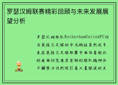 罗瑟汉姆联赛精彩回顾与未来发展展望分析