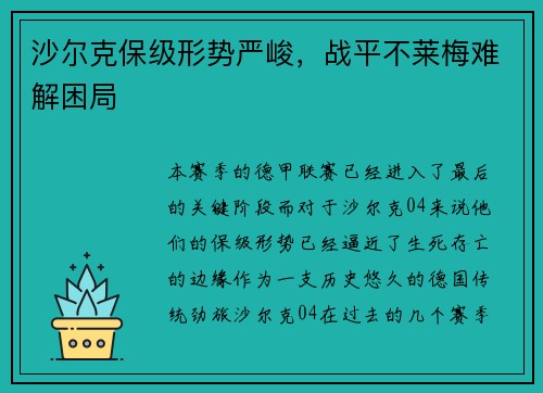 沙尔克保级形势严峻，战平不莱梅难解困局
